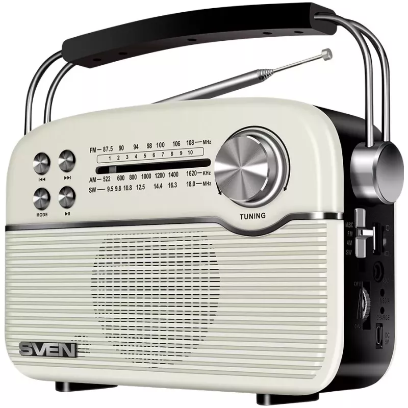 SVEN SRP-500 Kaasaskantav Bluetooth-kõlar, valge (3W, FM/AM/SW raadio, USB, microSD, AUX, aku)