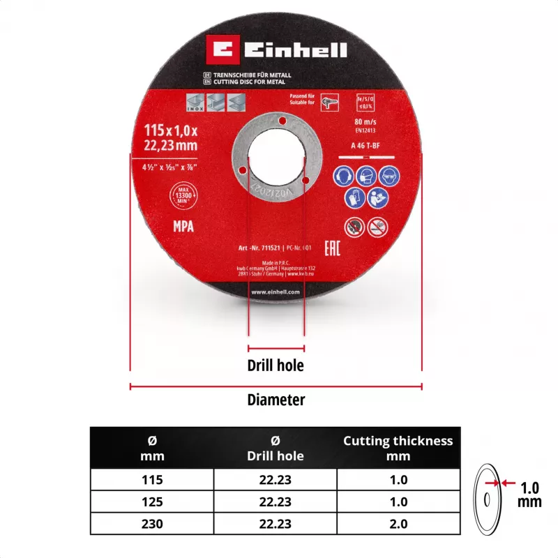 EINHELL-KWB õhuke lõikeketas, Ø 115 x 1,0 mm, 5 tükki (nurklihvijale)