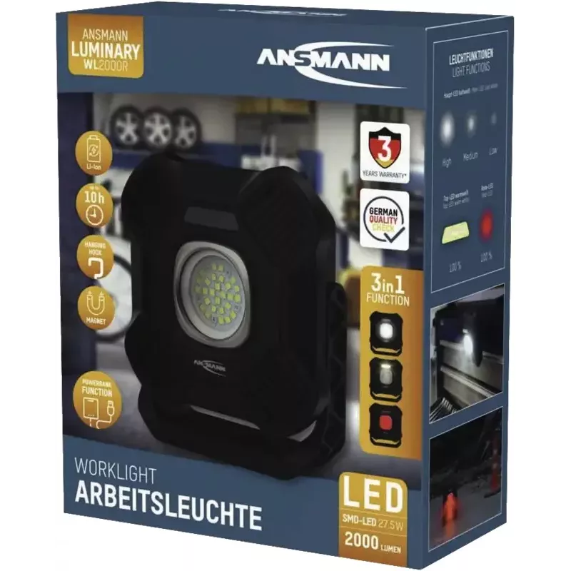 ANSMANN WL2000R laetav LED töövalgusti, must, 20W, 2000lm, magnetiga, riputuskonksuga, statiiviga - 1 tk (1600-0755)
