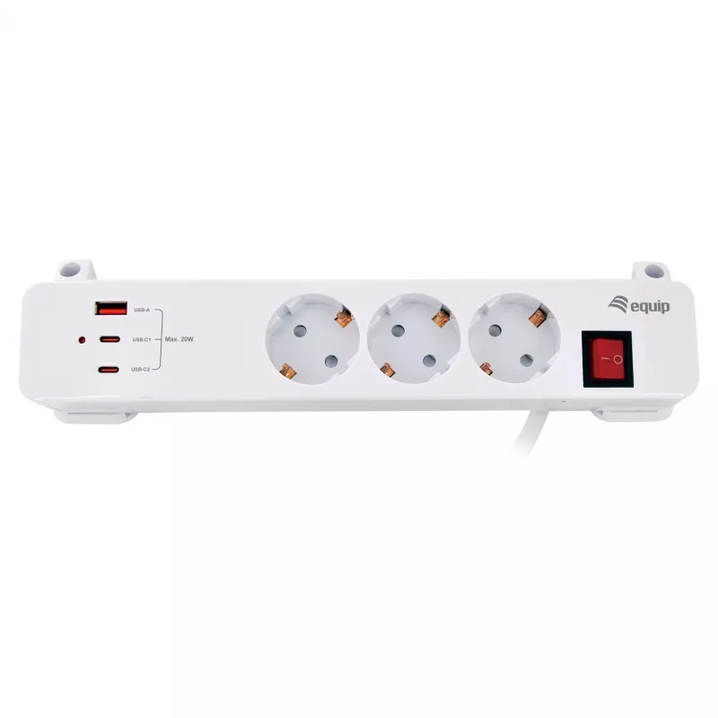 Equip pikenduspesa CEE 7/7 90° 3x Schuko / 2x USB-C + USB-A, valge, 1,5 m