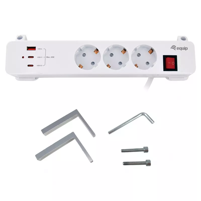 Equip pikenduspesa CEE 7/7 90° 3x Schuko / 2x USB-C + USB-A, valge, 1,5 m