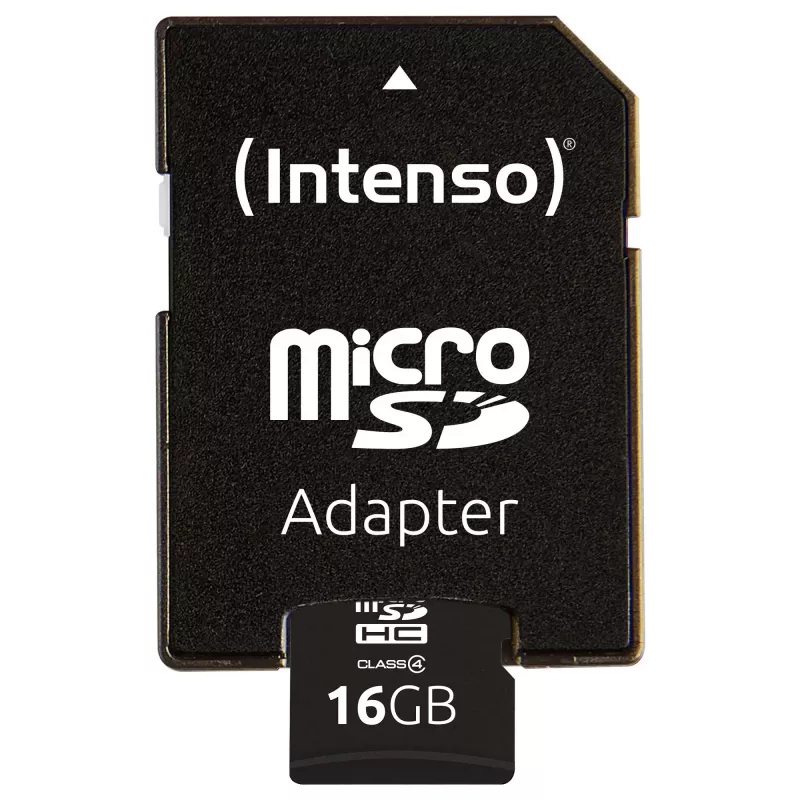 Intenso 16GB MicroSDHC Class 4 mälukaart SD-adapteriga, lugemiskiirus kuni 21 MB/s, must