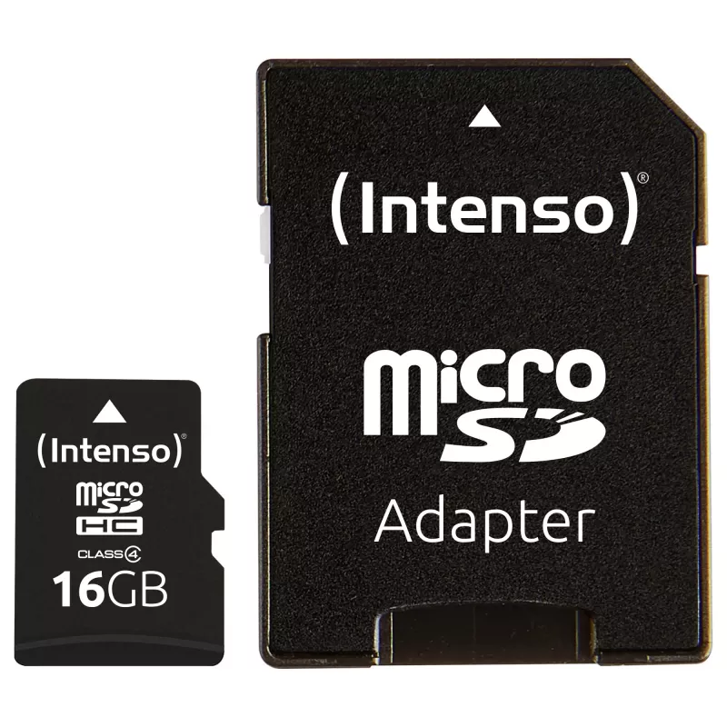 Intenso 16GB MicroSDHC Class 4 mälukaart SD-adapteriga, lugemiskiirus kuni 21 MB/s, must