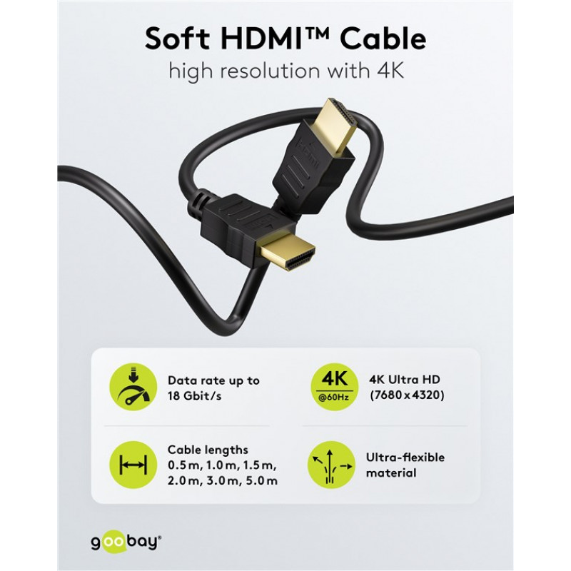 Goobay 80104 Soft HDMI High-Speed kaabel Ethernetiga, 3 m, must