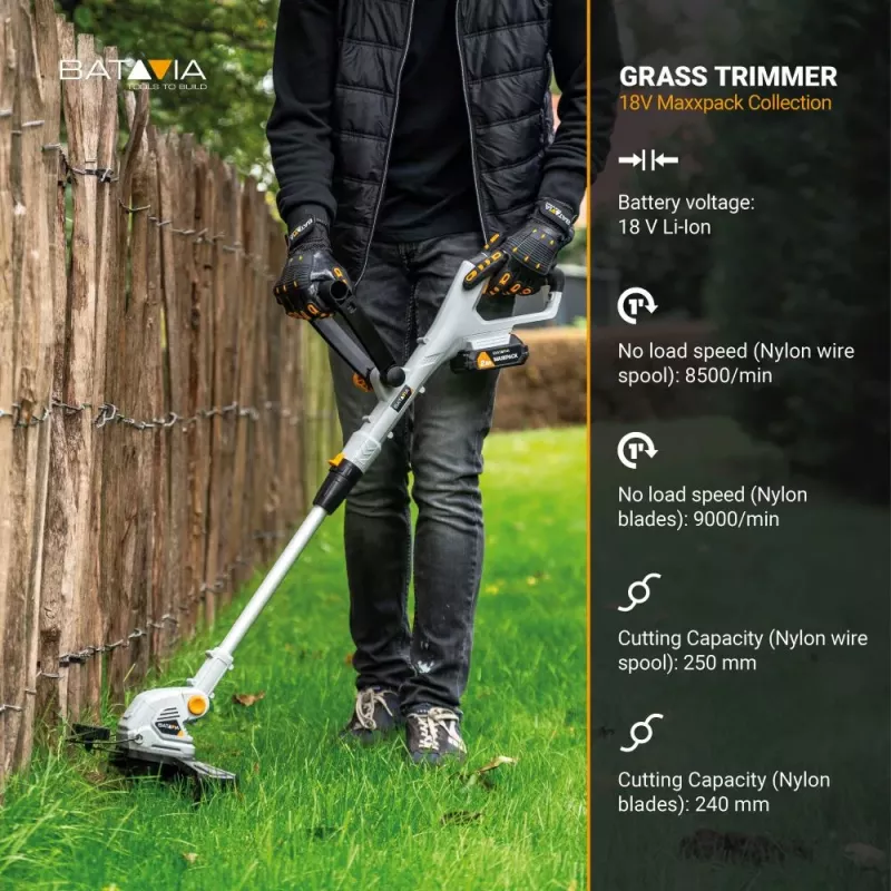 BATAVIA 18V juhtmeta murutrimmer 250 mm 2-in-1 nöör- ja teratrimmer