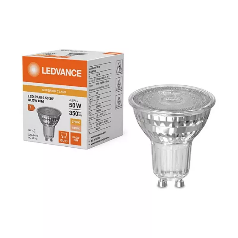 OSRAM PAR16 50 4.5W 827 GU10 LED Reflektorlamp, 350 lm, 1800-2700 K, Dim-to-Warm, Dimmable