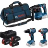 BOSCH Power Tools 18V Professional Combo Kit: Rotary Hammer GBH 18V-22 + Drill Driver GSR 18V-65 + Impact Wrench GDX 18V-285 (Sinine/Must, 3x 5.0Ah Li-Ion akud, tööriistakott)