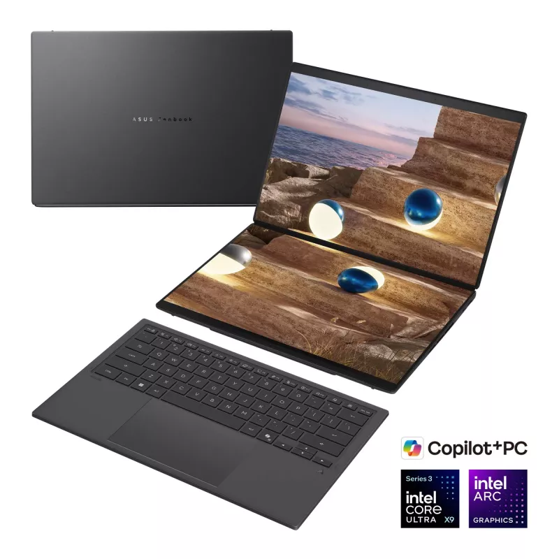 ASUS Zenbook Duo UX8407AA-SN066W 14 inch OLED Puuteekraan 3K 144Hz Sülearvuti, Intel Core Ultra 9 388H, 32GB LPDDR5X, 2TB SSD, Intel Arc Graphics, Windows 11 Home, Moher Gray