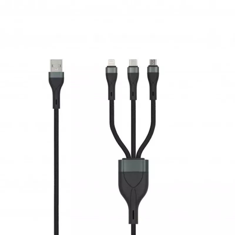 SEEK TOTI USB A to Micro USB / USB-C / Lightning 1.5m Punutud Kaabel 2A (Non-MFI) Must