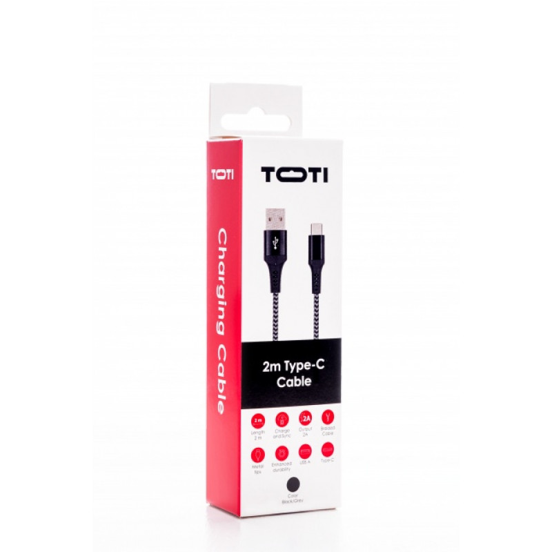 SEEK TOTI USB-A – USB-C 2m punutud kaabel, 2A, must/hall