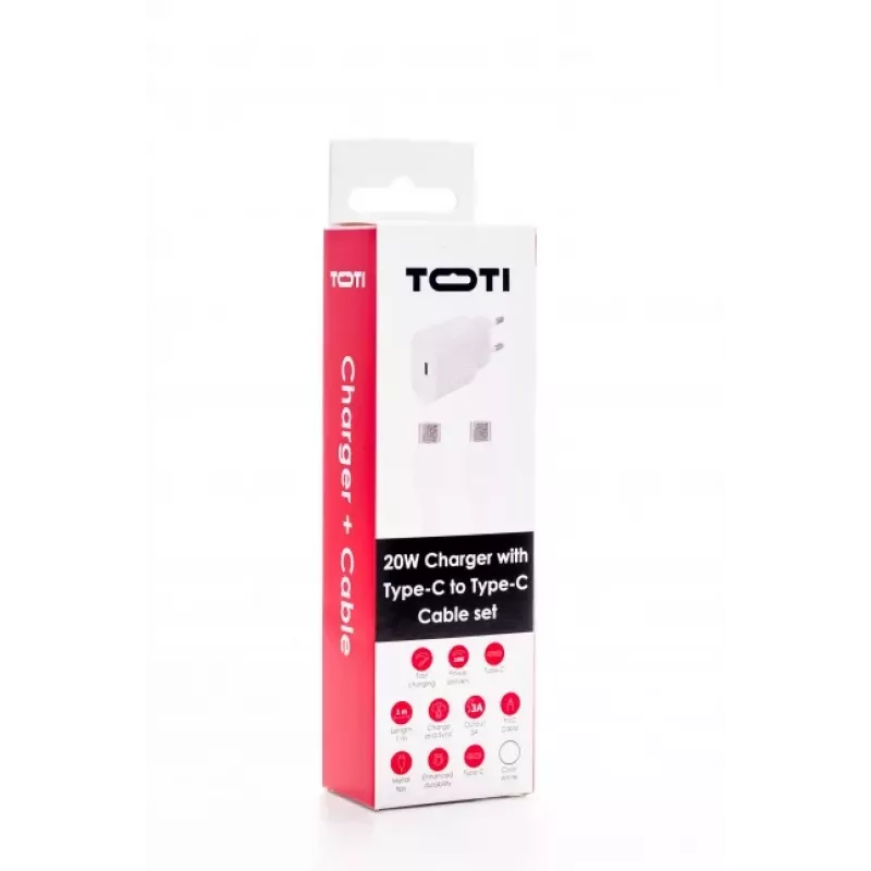 SEEK TOTI 20W Type-C PD seinakiirlaadija koos Type-C–Type-C, 1 m PVC andmekaabliga 3A, valge