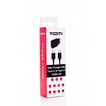 SEEK TOTI 20W Type-C PD seinakiirlaadija koos Type-C–Type-C, 1 m PVC andmekaabliga 3A, must