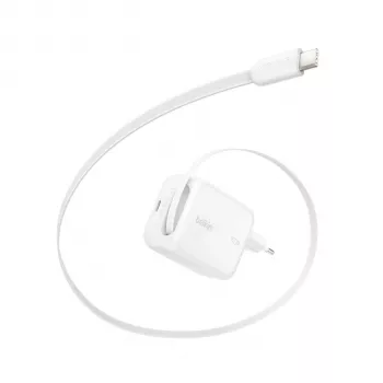 Belkin BOOST CHARGE Pro 67W Dual GaN seinadapter sissetõmmatava USB-C kaabliga, valge