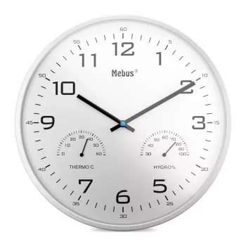 MEBUS 16181 Quartz Wall Clock, 25 cm, White Dial, Silver Frame, Silent Sweep