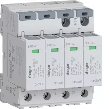 Hager Surge Protective Device 4P SPE440S Type 2 TNS Uc 275V In 20kA Imax 40kA