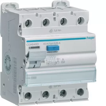 HAGER CDA640D Rikkevoolukaitselüliti 4P 10kA 40A 30mA Tüüp A