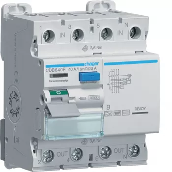 Hager Residual Current Circuit Breaker 4-pole 10kA 40A 30mA Type B CDB640E