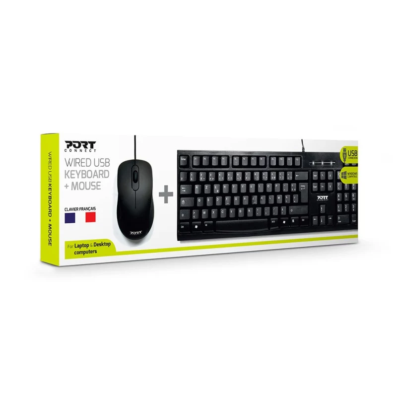 PORT Designs 900900 Full-Size Wired USB Keyboard and Mouse Combo, AZERTY Layout, Black
