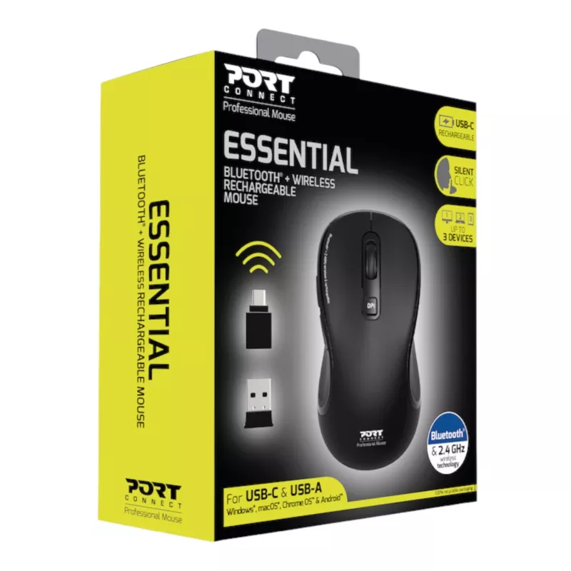 PORT Designs PORT Connect Professional ESSENTIAL juhtmeta optiline hiir - 5 nuppu - 2,4 GHz, Bluetooth - USB vastuvõtja - must