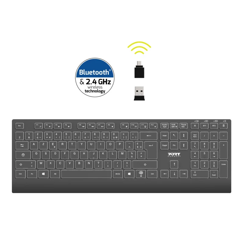 PORT Designs juhtmevaba laetav valgustatud klaviatuur - prantsuse AZERTY paigutus - must