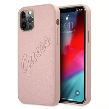 Guess GUHCP12LRSAVSRG Saffiano Vintage Script kõva ümbris Apple iPhone 12 Pro Maxile, roosa