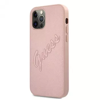 Guess GUHCP12LRSAVSRG Saffiano Vintage Script kõva ümbris Apple iPhone 12 Pro Maxile, roosa