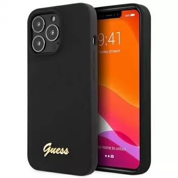 Guess GUHCP13XLSLMGBK iPhone 13 Pro Max 6,7 inch Musta silikoonist kõva ümbris kuldse Script Gold logoga