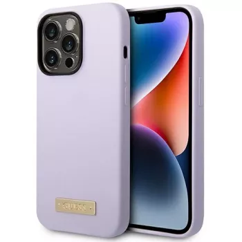 Guess GUHMP14LSBPLU Silikoonist kõva ümbris logo plaadiga Apple iPhone 14 Pro 6,1 inch jaoks - Lilla, MagSafe ühilduv