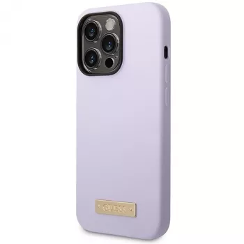 Guess GUHMP14LSBPLU Silikoonist kõva ümbris logo plaadiga Apple iPhone 14 Pro 6,1 inch jaoks - Lilla, MagSafe ühilduv