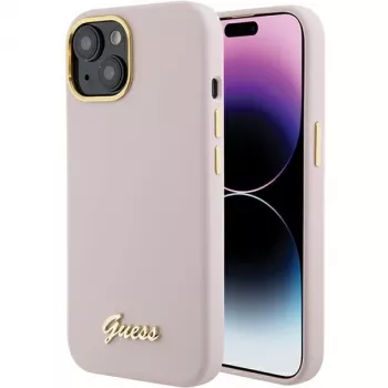 Guess GUHCP15SSMBSLP Silicone Script Metal Logo & Frame Hard Case for Apple iPhone 15 / 14 / 13 6,1 inch - Pink