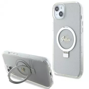Guess GUHMP15MHRSGSD iPhone 15 Plus / 14 Plus 6,7 inch Transparentne kõva ümbris rõngasalusega Script Glitter MagSafe