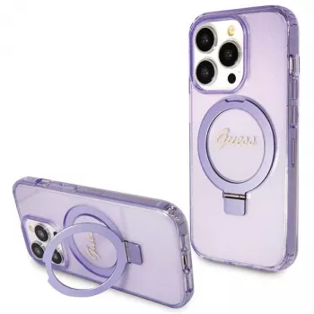 Guess GUHMP13XHRSGSU iPhone 13 Pro Max 6,7 inch Purple Hard Case Ring Stand Script Glitter MagSafe