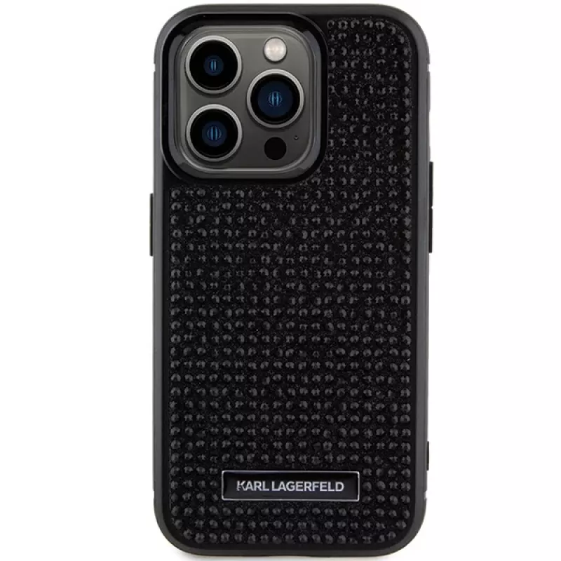 Karl Lagerfeld KLHCP15LHDSPLK kõva ümbris iPhone 15 Pro 6.1 inch musta rhinestone logo ja metallplaadiga