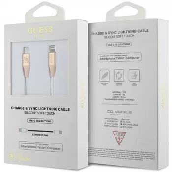 Guess GUCLLALRGDD USB-C to Lightning kaabel 1,5 m kiirlaadimiseks, helekuldne, reljeefse logoga