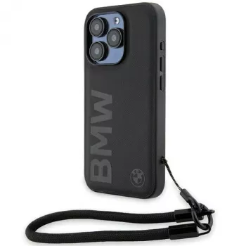 BMW Signature Leather Wordmark Cord Hard Case for iPhone 15 Pro 6.1 Black