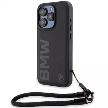 BMW Signature Leather Hard Case for iPhone 15 Pro Max 6,7 inch Black with Cord