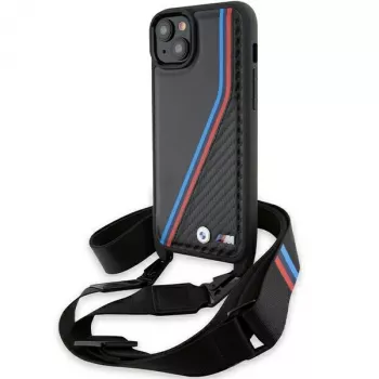 BMW M Edition Carbon Tricolor Lines Hardcase for iPhone 15 Plus / 14 Plus 6,7 inch Black with Strap