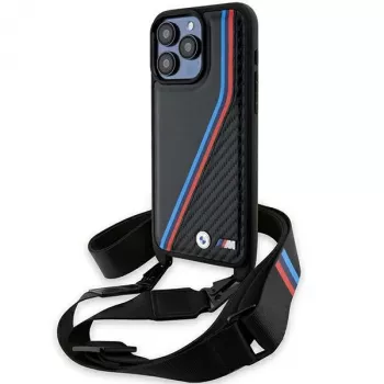 BMW M Edition Carbon Tricolor Lines Hard Case with Strap for Apple iPhone 15 Pro Max 6,7 inch Black