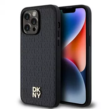 DKNY DKHMP14XPSHRPSK iPhone 14 Pro Max 6.7 kõva kest nahk monogramm mustriga metall logo MagSafe must