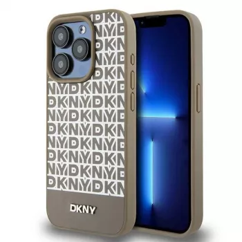 DKNY DKHMP15LPSOSPW iPhone 15 Pro 6,1 inch kõva nahkümbris trükitud mustriga pruun metalllogoga MagSafe