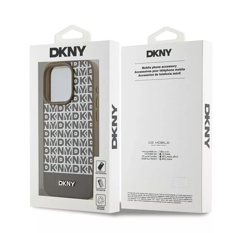 DKNY DKHMP15XPSOSPW Kõvakestaga nahkümbris trükitud mustriga metalllogoga MagSafe iPhone 15 Pro Max 6,7 inch pruun