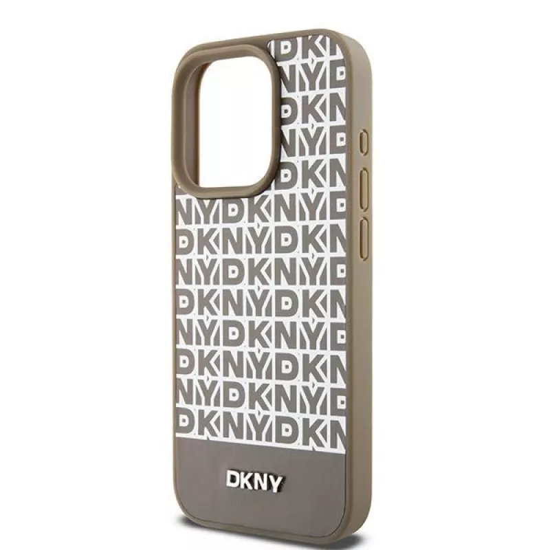 DKNY DKHMP15XPSOSPW Kõvakestaga nahkümbris trükitud mustriga metalllogoga MagSafe iPhone 15 Pro Max 6,7 inch pruun