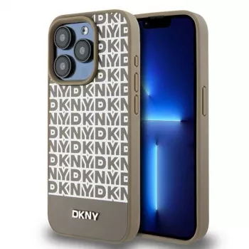 DKNY DKHMP15XPSOSPW Kõvakestaga nahkümbris trükitud mustriga metalllogoga MagSafe iPhone 15 Pro Max 6,7 inch pruun