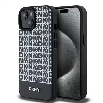 DKNY DKHMP15SPSOSPK Kõva ümbris Apple iPhone 15 / 14 / 13 6,1 tolli must nahk trükitud mustriga metalllogoga MagSafe