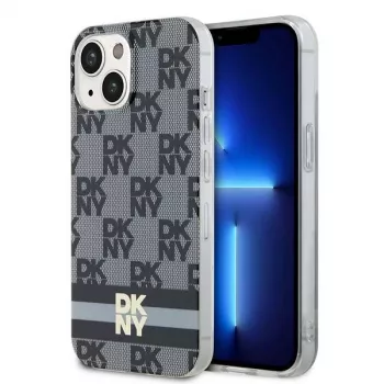 DKNY DKHMP14SHCPTSK Kõva ümbris iPhone 14/15 jaoks, ruuduline mono muster ja trükitud triibud, must, MagSafe
