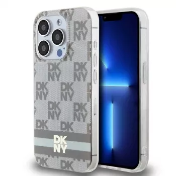 DKNY DKHMP13LHCPTSE Kõva ümbris Apple iPhone 13 Pro / iPhone 13 jaoks, Beež ruuduline monomuster ja trükitud triibud, MagSafe ühilduv