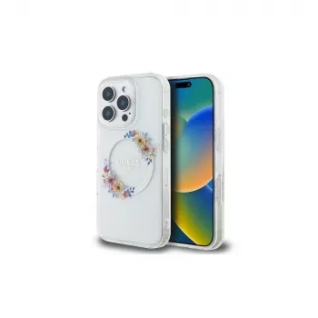 Guess GUHMP16LHFWFCT Hardcase iPhone 16 Pro 6,3 inch läbipaistev IML lillepärg MagSafe