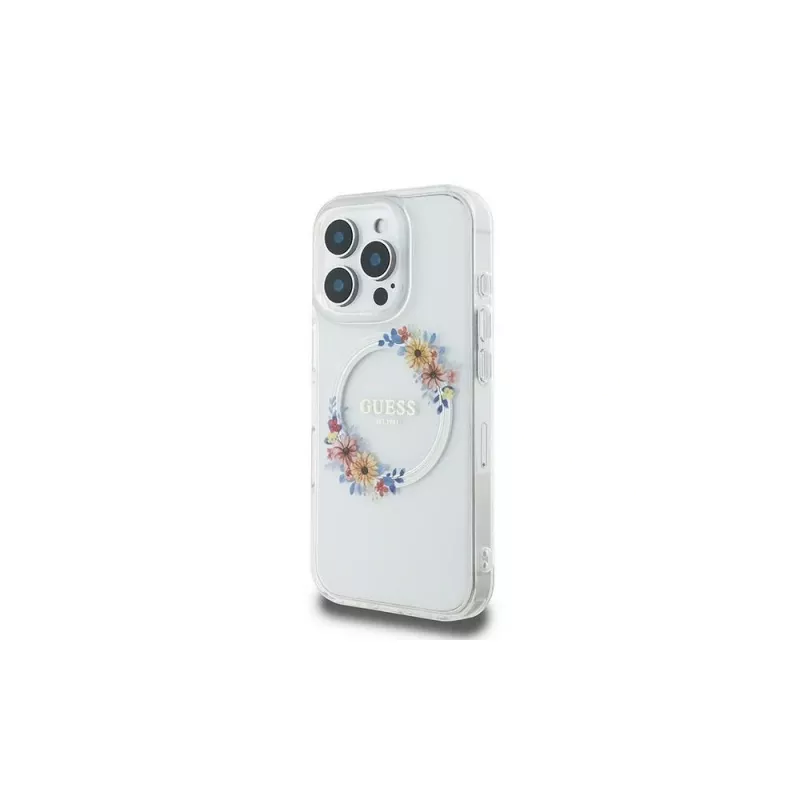 Guess GUHMP16LHFWFCT Hardcase iPhone 16 Pro 6,3 inch läbipaistev IML lillepärg MagSafe