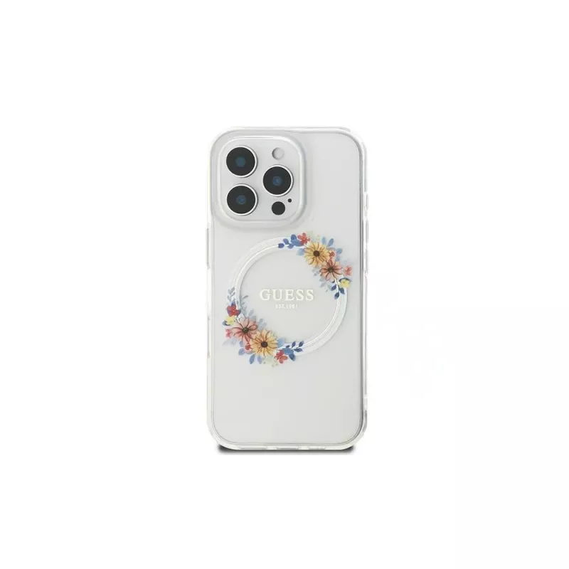 Guess GUHMP16LHFWFCT Hardcase iPhone 16 Pro 6,3 inch läbipaistev IML lillepärg MagSafe