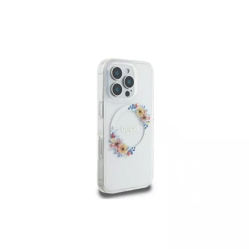 Guess GUHMP16LHFWFCT Hardcase iPhone 16 Pro 6,3 inch läbipaistev IML lillepärg MagSafe